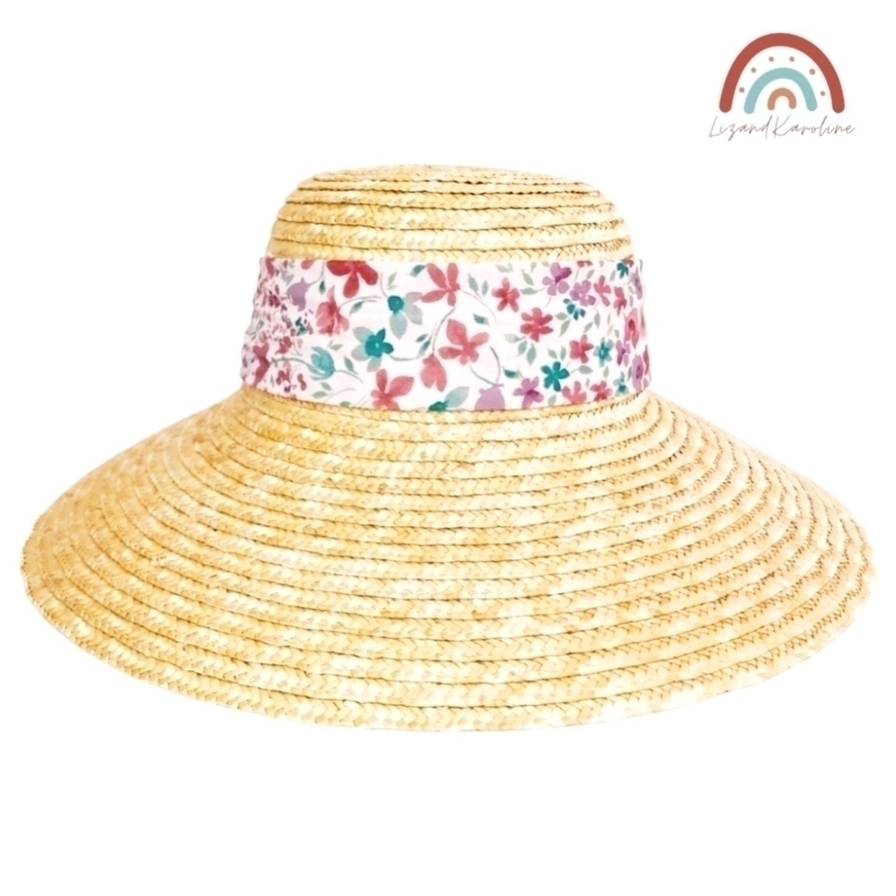 New! Cloche Wheat Straw Pink Floral Ribbon Bow Large Beach Cottagecore Straw Hat - Picture 3 of 9